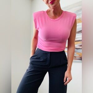 ZARA Pink Shoulder Pad Ruched Side T-Shirt - Size Medium